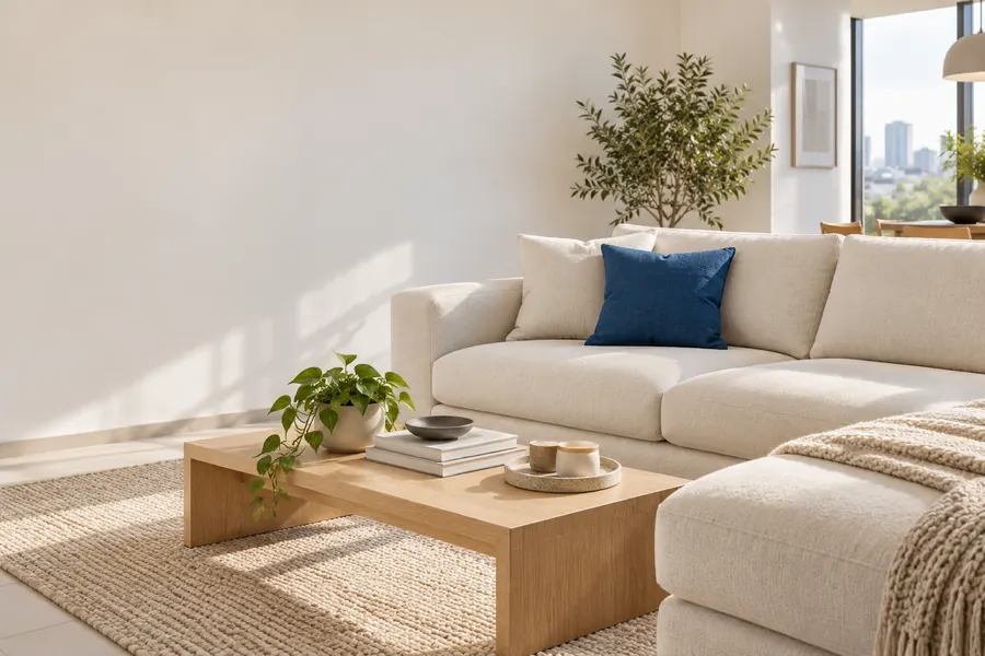 Sala luminosa con sofá de tela clara y cojín azul