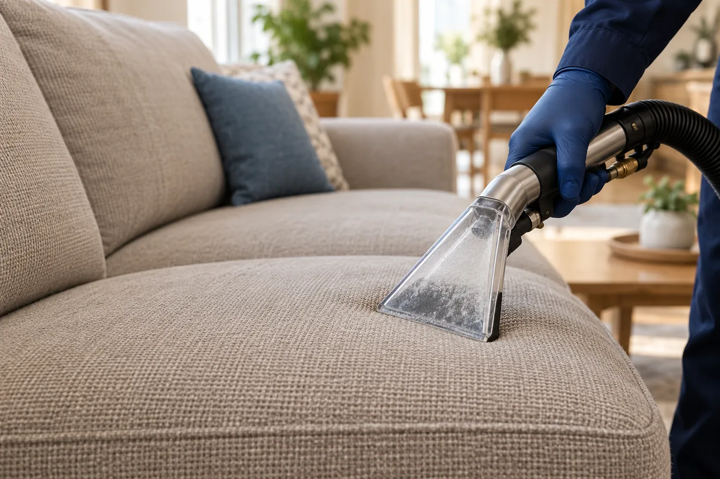 Limpieza por extracción de un sofá de tela gris